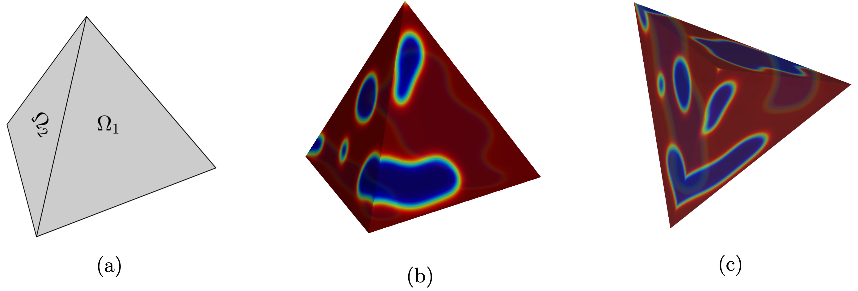 (a)는 사면체의 표면을 도메인으로써 나타낸다. (b)와 (c)는 각 면의 시간에 대한 미분 차수가 정수 차수로 동일한 경우로 동질한 도메인에서의 상분리 시뮬레이션 결과이다.