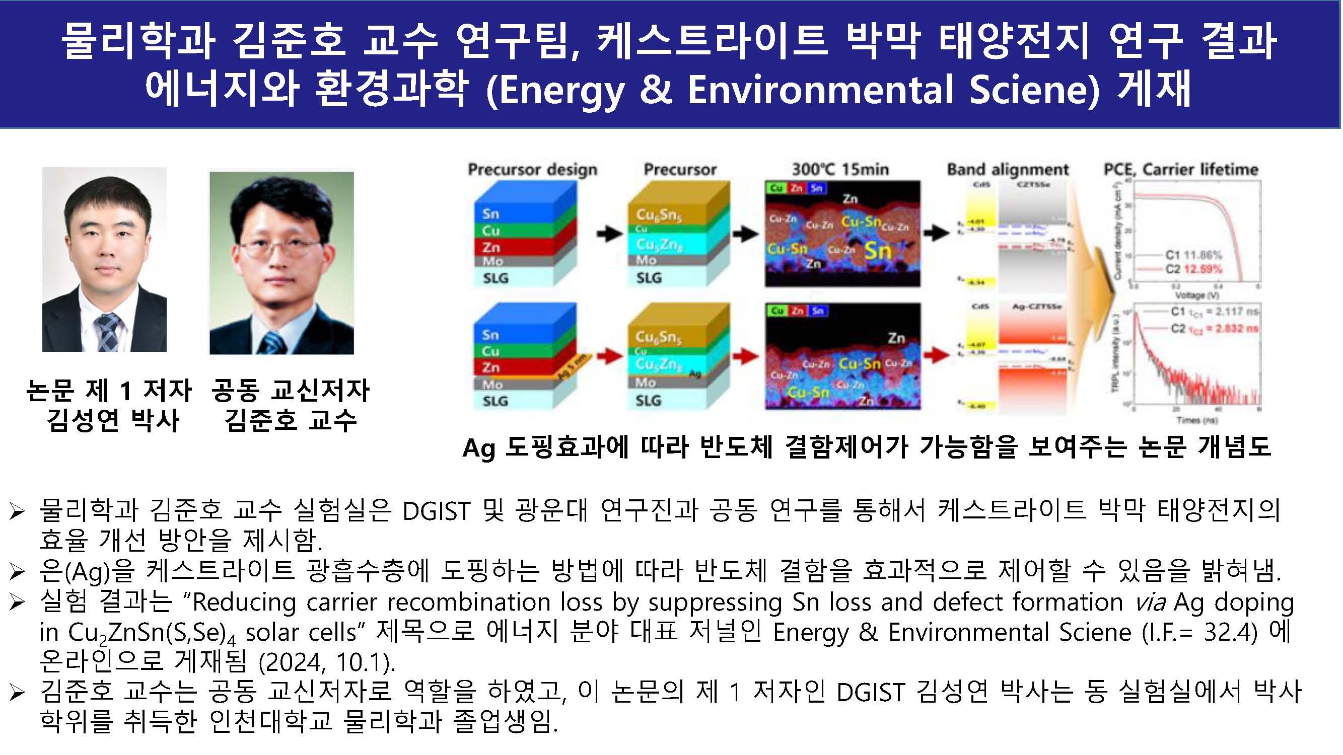 물리학과 김준호 교수팀. 케스트라이트 박막 태양전지 연구 결과 에너지와 환경과학 (Energy & Environmental Science) 게재 대표이미지